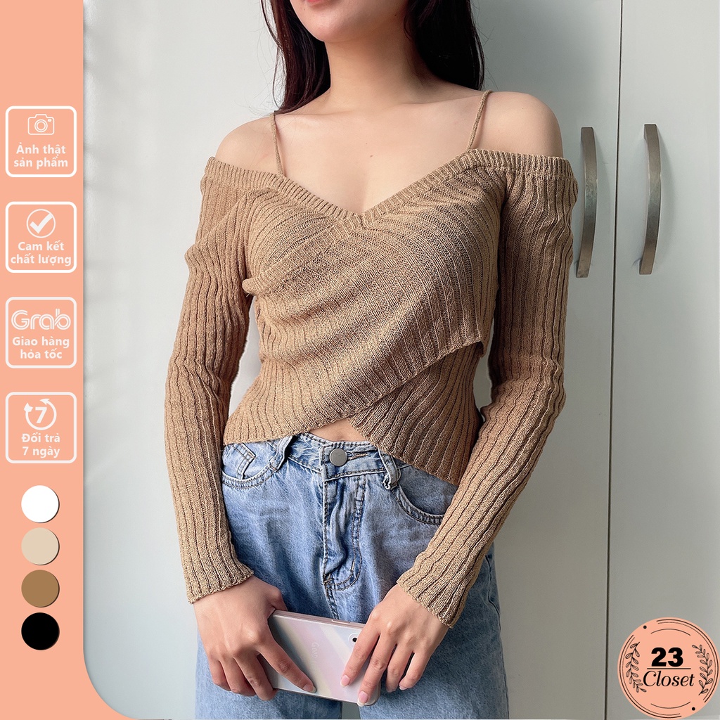 Áo len trễ vai 2 dây chéo vạt chất liệu nhung tăm co giãn tốt kiểu dáng Hàn Quốc 23Closet-ALTT05