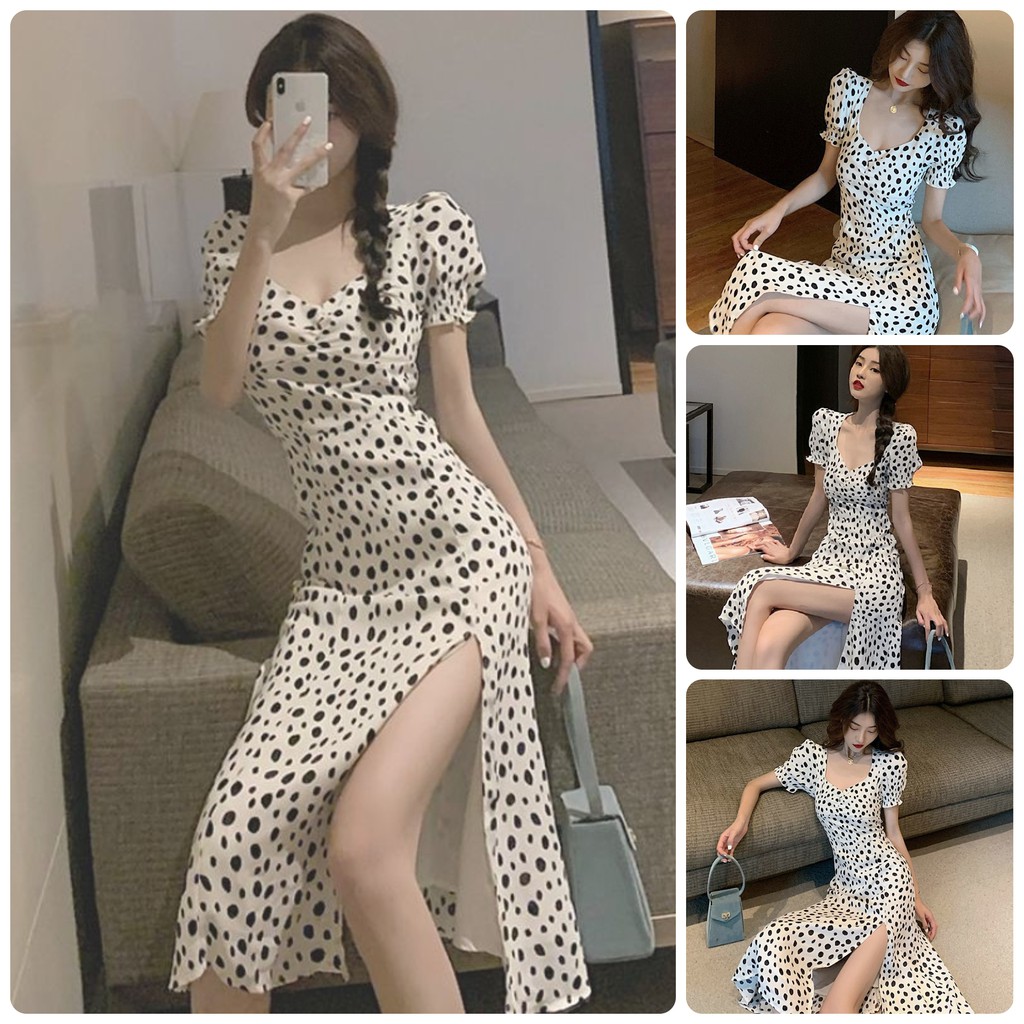 Váy Đầm Nữ Dáng Dài Xẻ Tà Tay Phồng Chấm Bi Chanh Sả Sexy Tiểu Thư Bánh Bèo Tôn Dáng