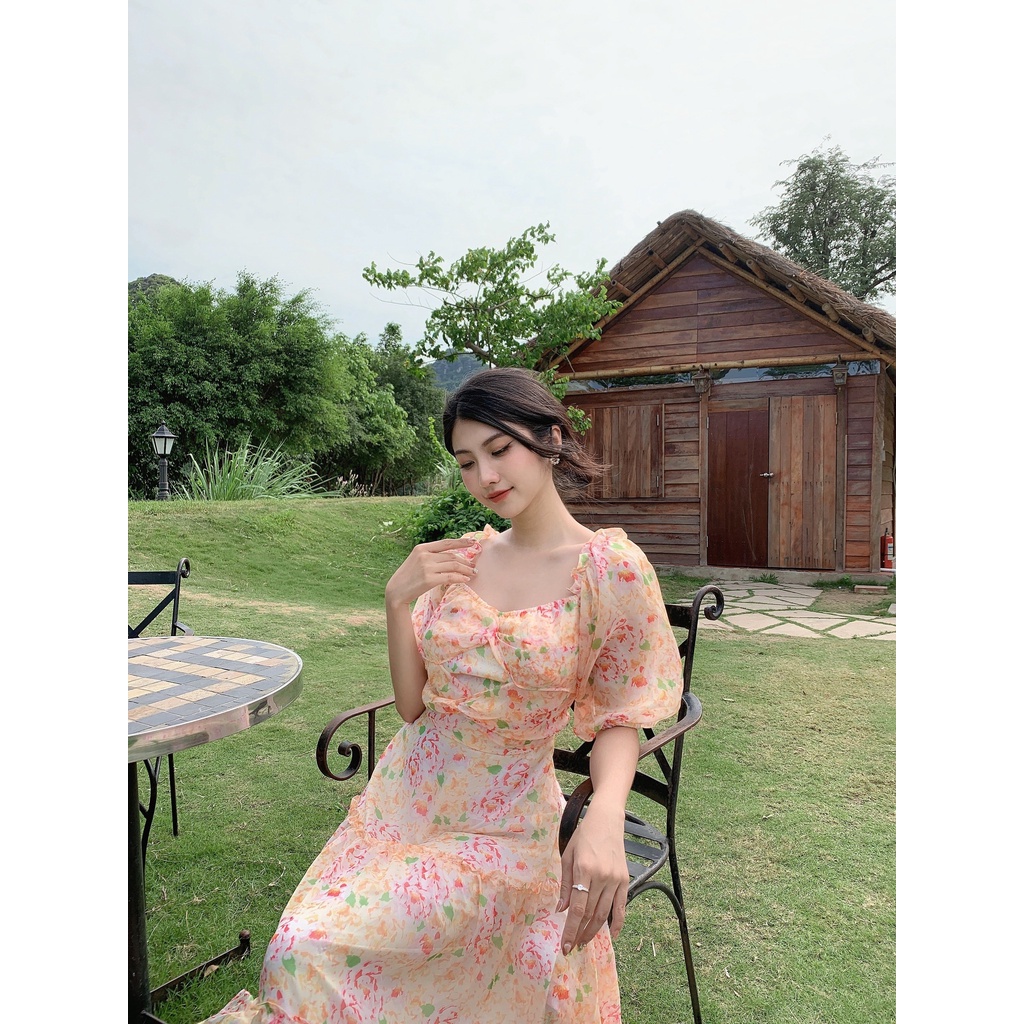 Đầm maxi dài vai bèo cổ trễ váy nữ vải tơ hoạ tiết hoa in thiết kế mặc đi chơi du lịch biển nghỉ mát resort dự tiệc