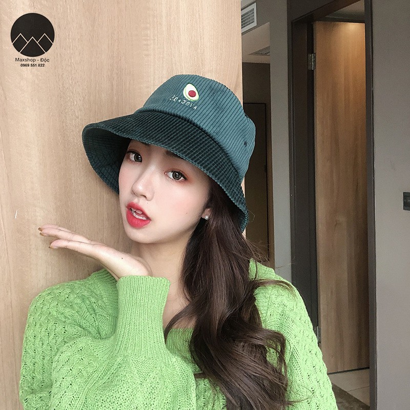 Mũ, nón bucket Ulzzang thêu hình quả bơ phủ nhung gân dày dặn cao cấp