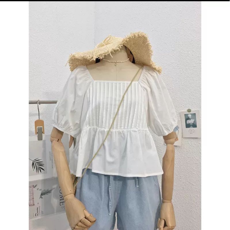 Áo babydoll cổ vuông tay bồng xếp li ngực tiểu thư