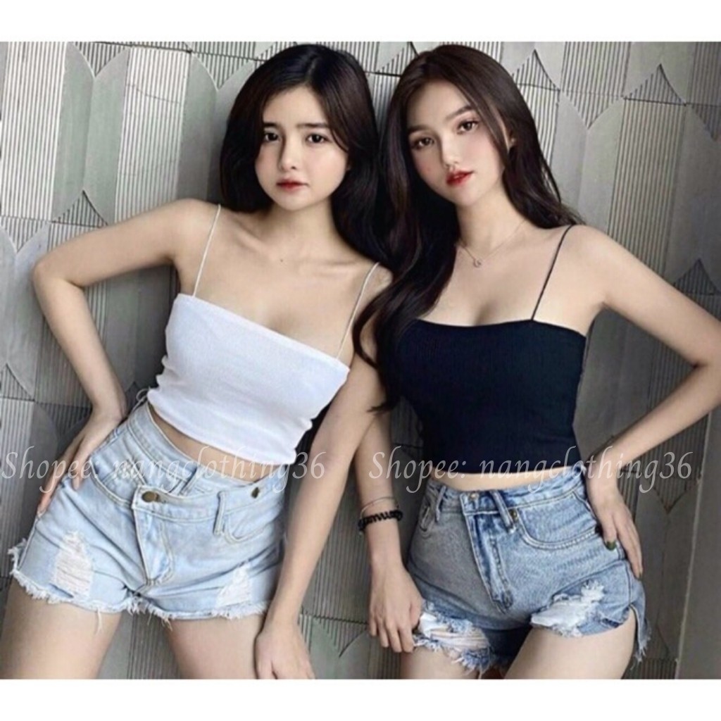 Áo Croptop, Áo 2 Dây Sợi Bún Thun Gân 100% Cotton 2 Màu Đen, Trắng Siêu Đẹp