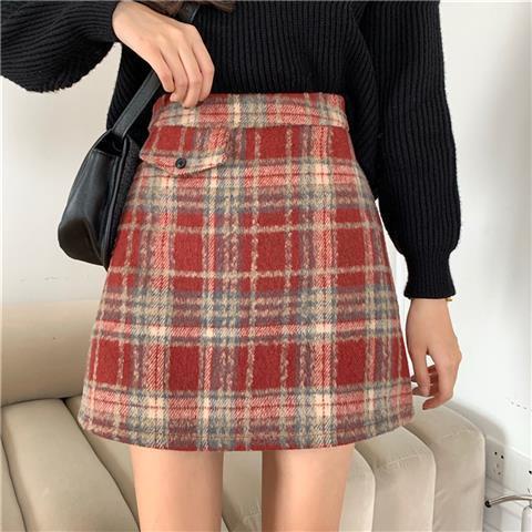 Chân Váy Len Chữ A Lưng Cao Họa Tiết Sọc Caro Phong Cách Vintage Hàn Quốc