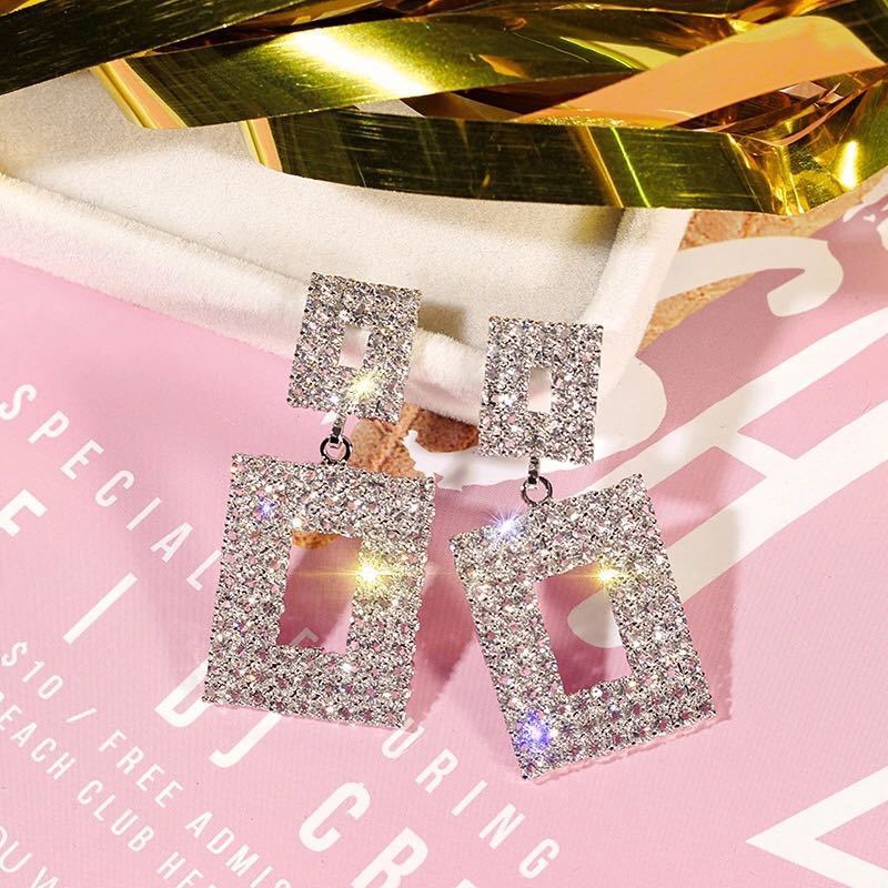 Super flash European square diamond earrings magnified geometric earrings