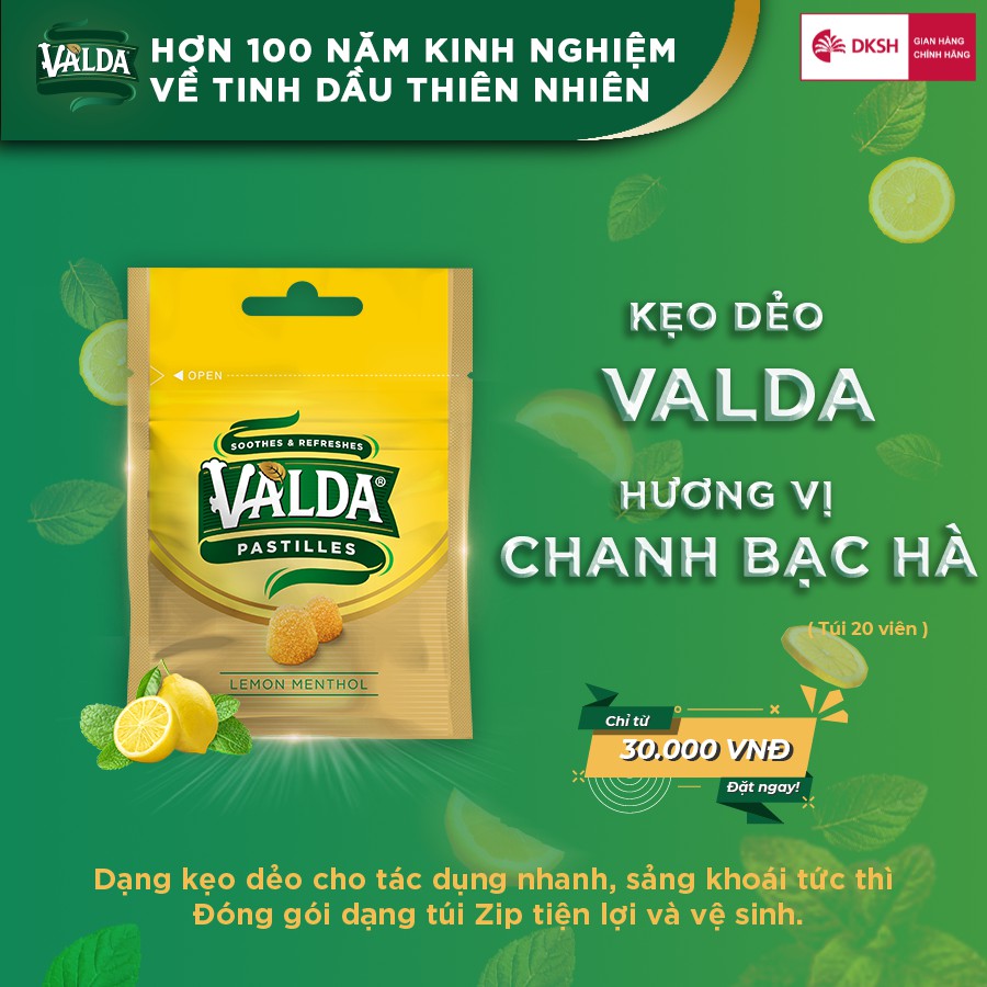 Kẹo dẻo VALDA Vị Chanh Bạc hà – Túi Zip 20g