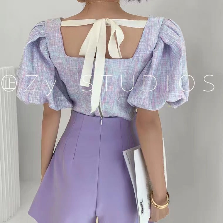 Set Áo Cổ Vuông Cột Dây Tay Phồng + Quần Short Dáng Chữ a Lưng Cao Thời Trang Mùa Hè Phong Cách Mới Cho Nữ