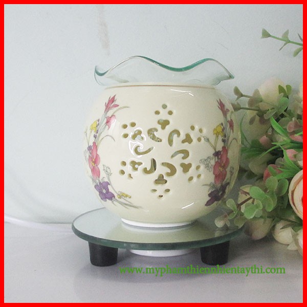 Đèn Xông Tinh Dầu Gốm Tròn Họa Tiết Hoa D015