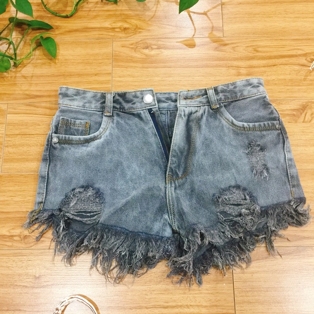 Quần shorts jeans/ quần sooc bò Katun lưng cao tua rua rách