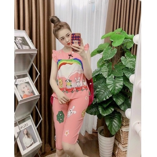 Đồ Bộ Lửng Vải Lụa Hàn Mềm Mát Họa Tiết Hoạt Hình Đáng Yêu. Hàng Freesize dưới 55kg đủ màu sắc như hình