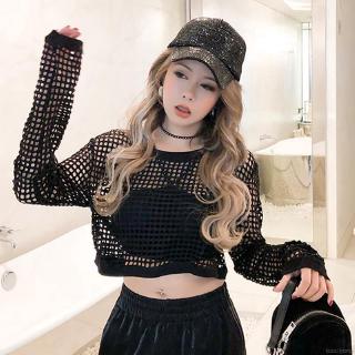 Áo Croptop Tay Dài Phối Lưới Thiết Kế Quyến Rũ Cho Nữ