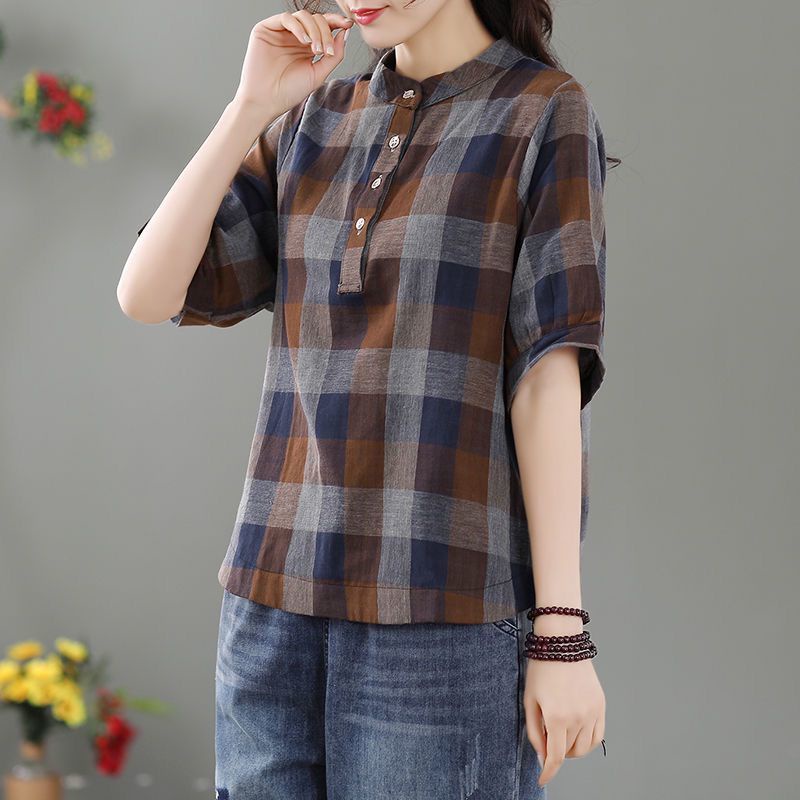 Áo Sơ Mi Nữ Tay Ngắn Cài Nút Họa Tiết Caro Phong Cách Hàn Quốc Cỡ 3HX9
