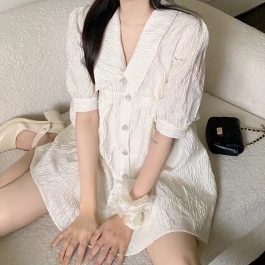 ☼Đầm Tay Phồng Cổ Bẻ In Họa Tiết Trái Tim Phong Cách Pháp Thời Trang Mùa Hè Hàng Mới 2022 Dành Cho Nữ