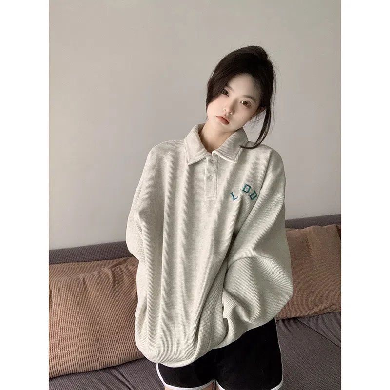 Áo Thun polo Dài Tay Cổ Đứng Thêu Chữ Waffle Phong Cách Mỹ Cho Nữ
