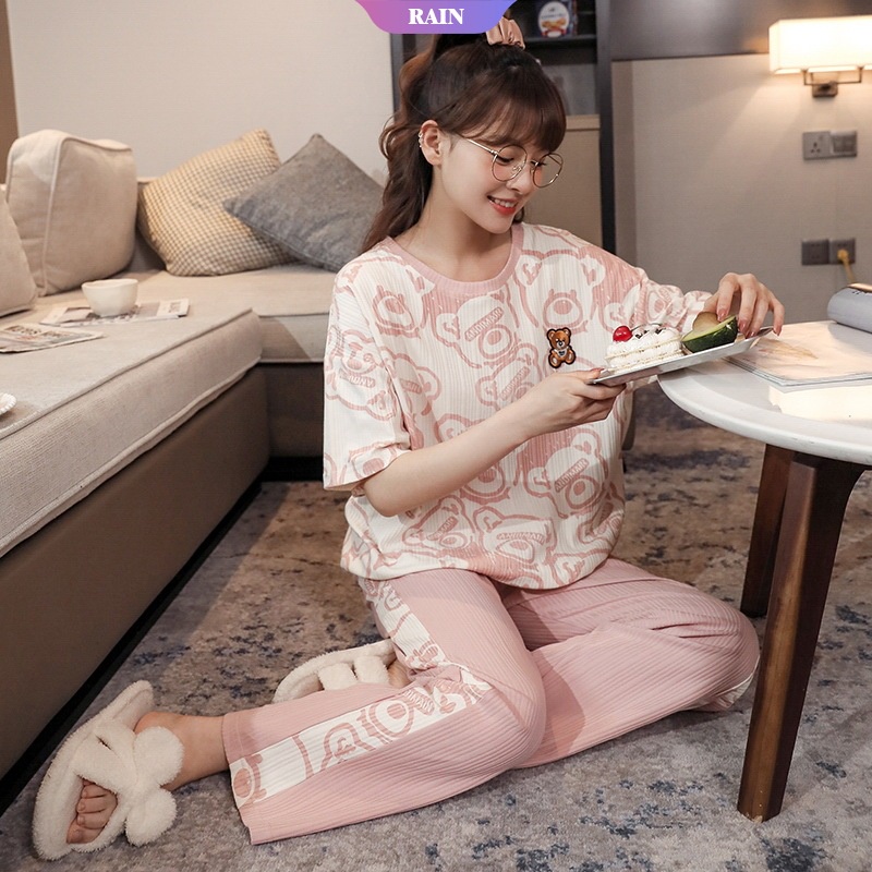 Bộ Đồ Ngủ Tay Ngắn + Quần Dài Bằng Cotton In Họa Tiết Nhân Vật Hoạt Hình Dành Cho Nữ
