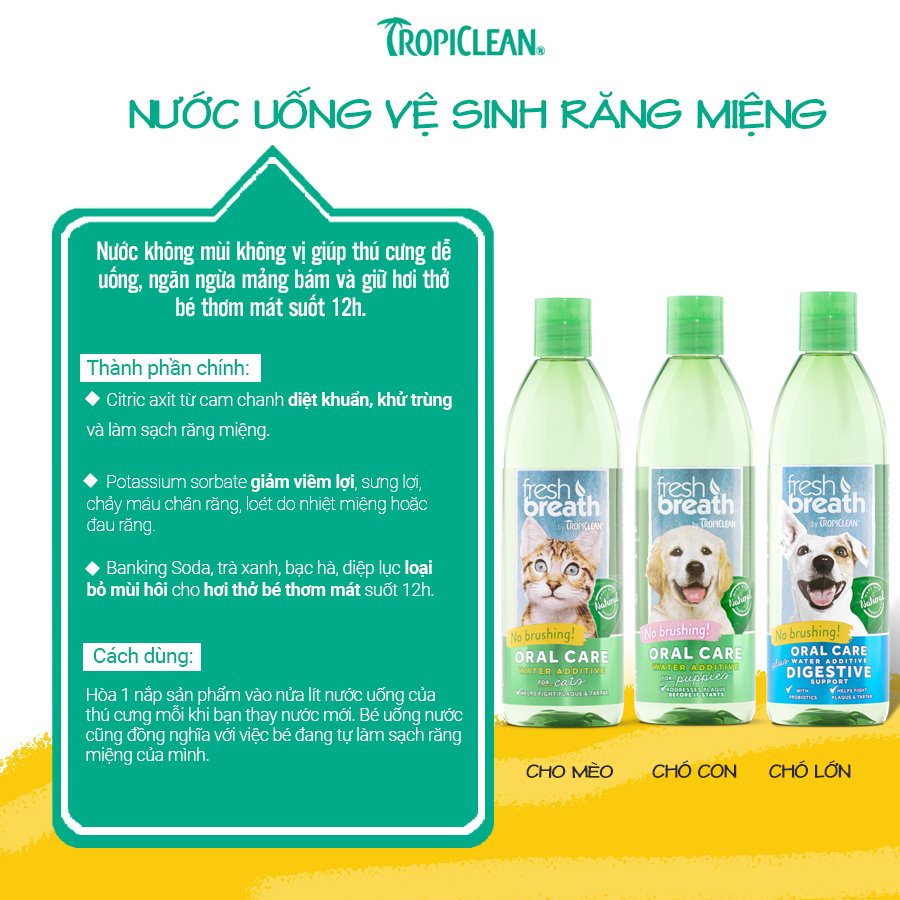 Bộ 2in1 sạch răng Tropiclean, kit gel nước vệ sinh chăm sóc răng miệng mảng bám hôi miệng cho chó Con Mèo Xiêm