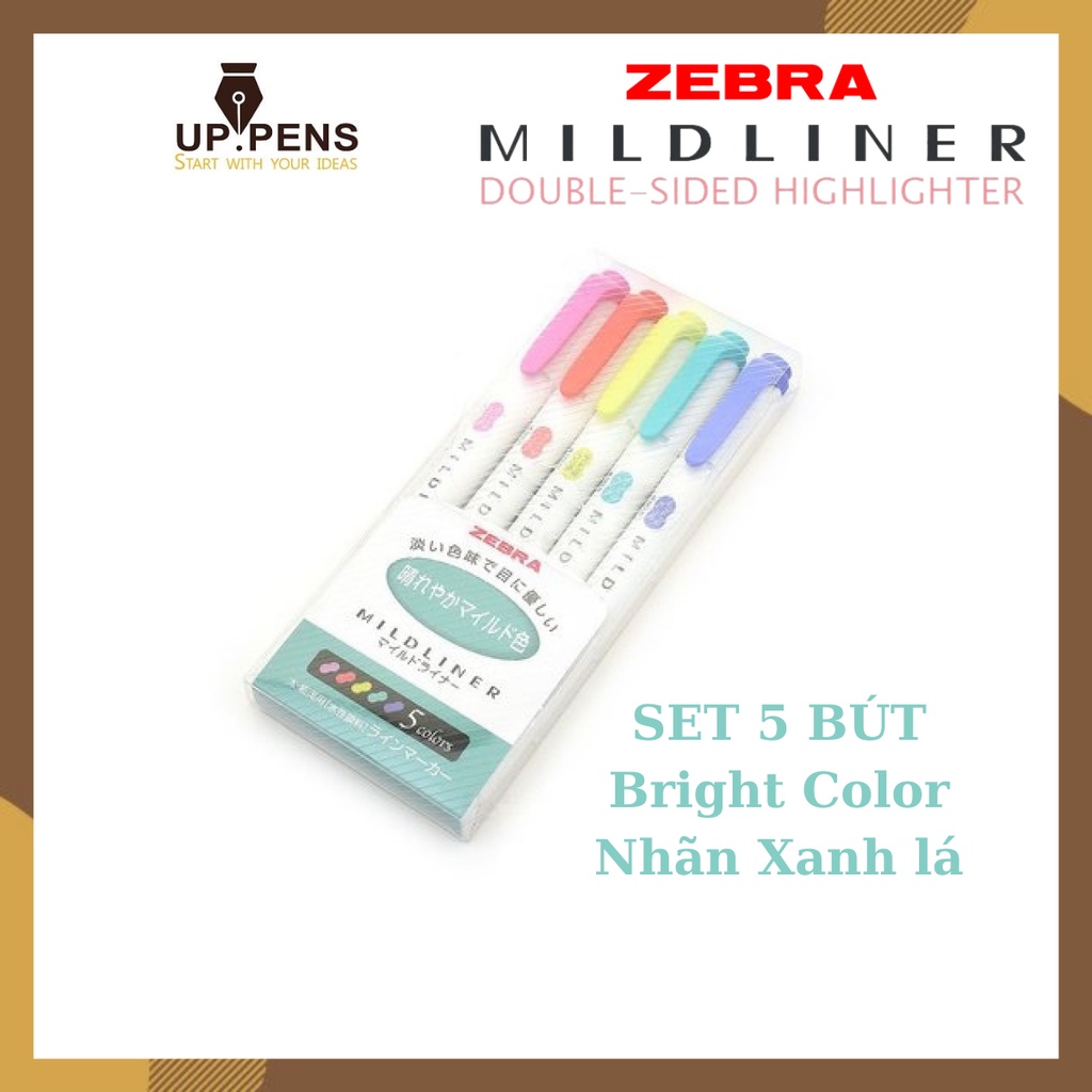 Bộ 5 bút đánh dấu hai đầu Zebra Mildliner Double-Sided Highlighter – Fine/Bold – Bright Color Set (Nhãn Xanh Lá)