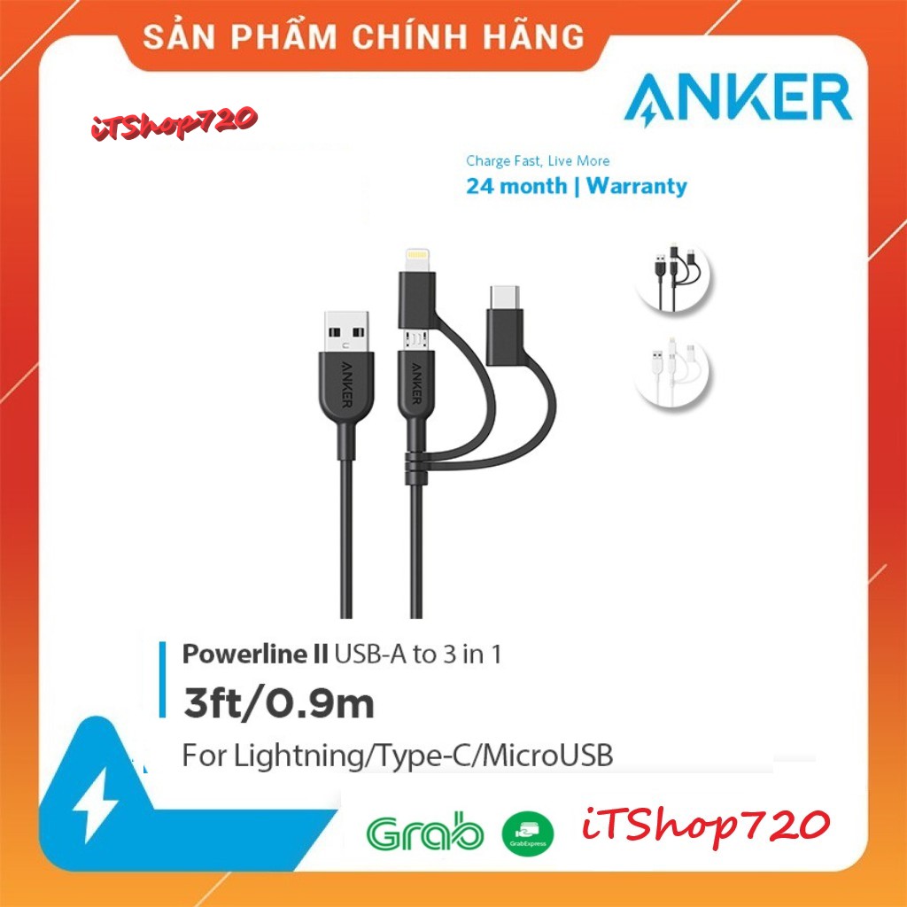 📍 Dây Cáp Sạc 3 Trong 1 MicroUSB / USB Type-C / Lightning Chuẩn MFI Anker Powerline II 0.9m - A8436 - Hàng Chính Hãng