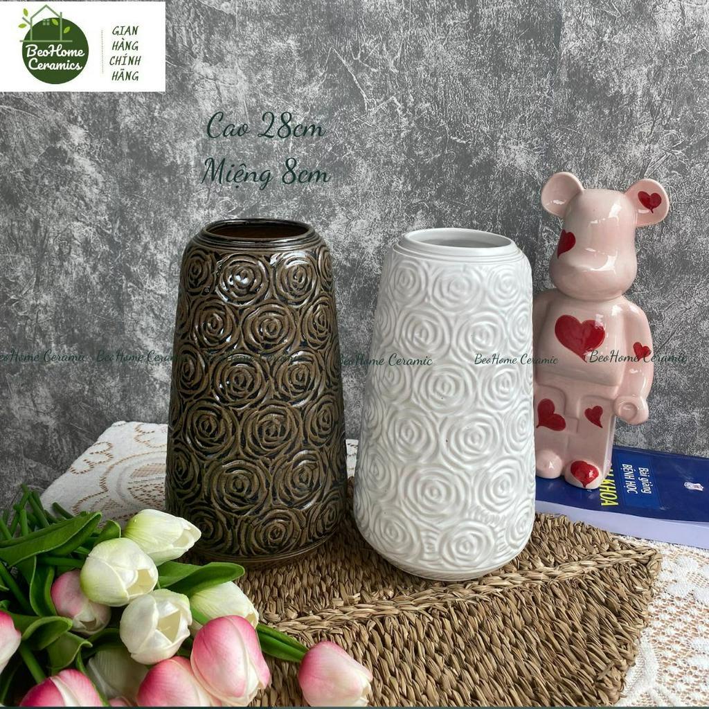 Bình Gốm Khắc Tay Họa Tiết Hoa Hồng Men Mộc Gốm Sứ Bát Tràng Cao 27cm Trang Trí Nội Thất Đẹp