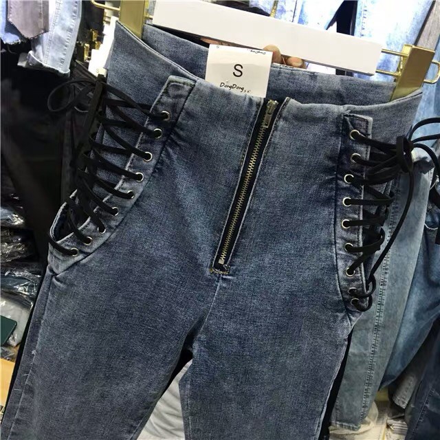 ( SẴN ĐEN M )bigsize Quần jeans đan dây hông cạp cao 2019