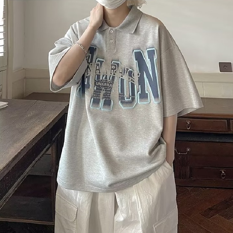Áo Thun POLO Tay Ngắn Dáng Rộng Thoáng Khí In Chữ Phong Cách hip hop Đường Phố Hàn Quốc Thời Trang Mùa Hè Cho Nam