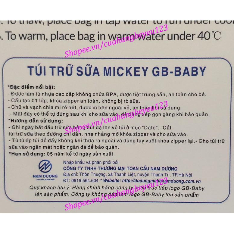 10 - 32 Túi trữ sữa GB Baby 200ml có vòi hình chuột MICKEY G32V - Công nghệ Hàn Quốc