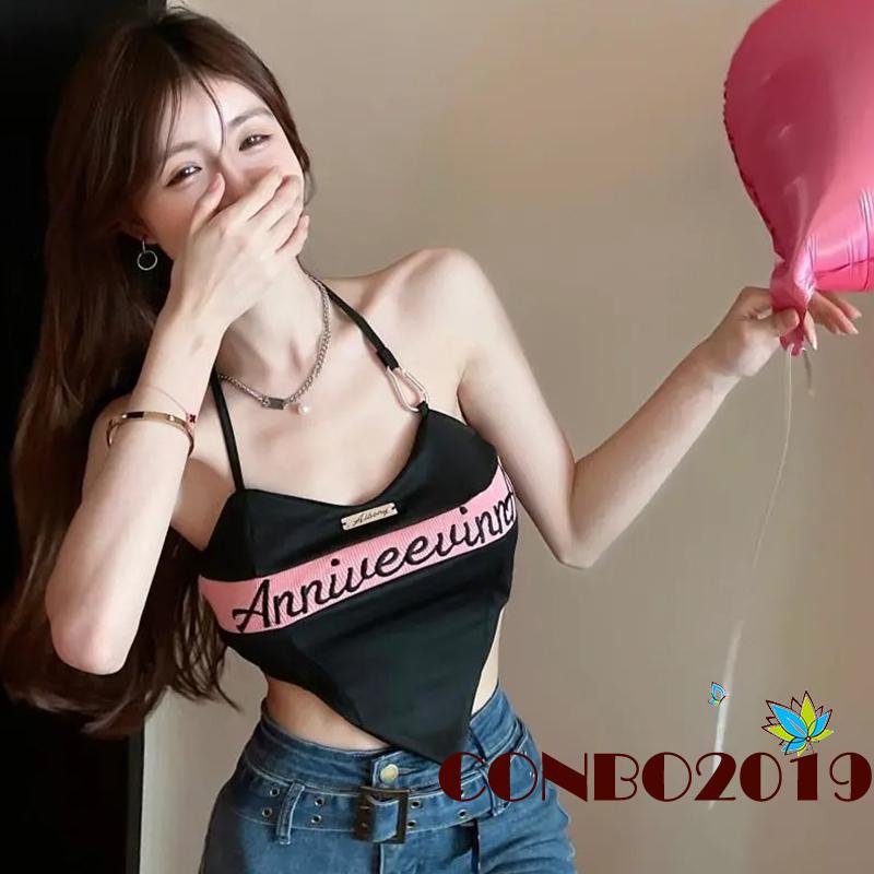 Áo Lửng Cổ Yếm Không Tay Thêu Chữ Thời Trang Mùa Hè Cho Nữ