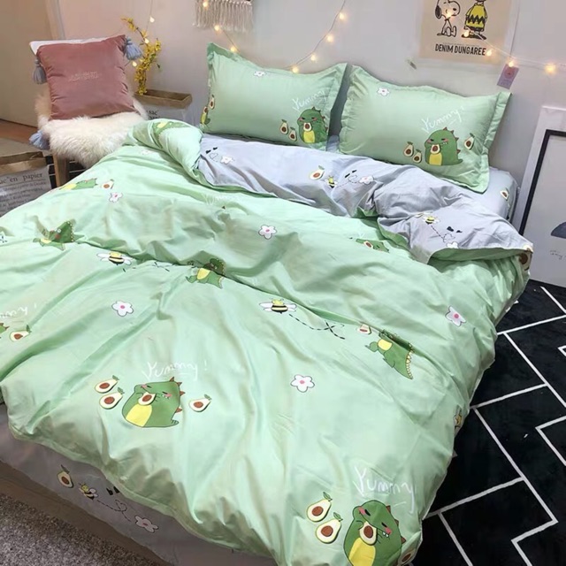 Bộ chăn ga giường cotton poly khủng long bơ Suhali Shop, vỏ chăn mền, drap nệm và 2 vỏ gối