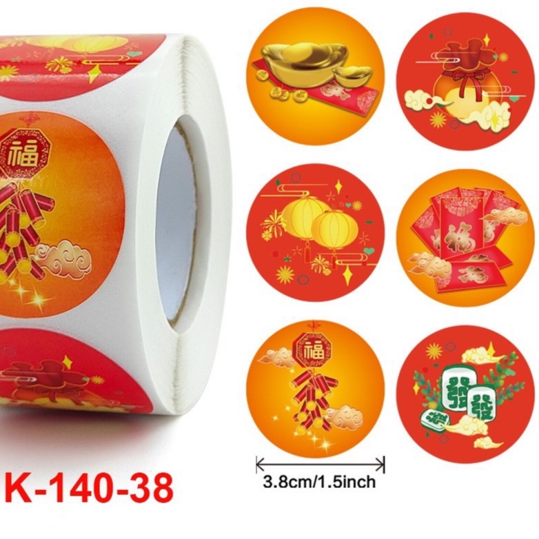 TEM TẾT_ Tem cuộn chữ " Happy new year" và tiếng hoa đ.kính 2.5cm_3.8cm_Sticker Tết