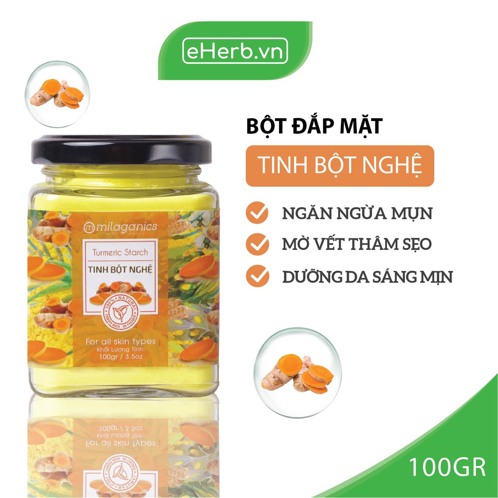 Tinh Bột Nghệ Nguyên Chất Đắp Mặt Nạ Ngăn Ngừa Mụn, Mờ Vết Thâm MILAGANICS 100g (Hũ)