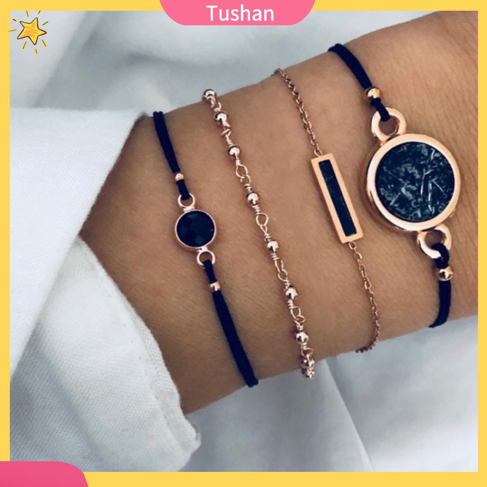 TUSH_4Pcs/Set Women Bohemian Round Bar Stone Charm Bracelet Rope Chain Bangle Jewelry