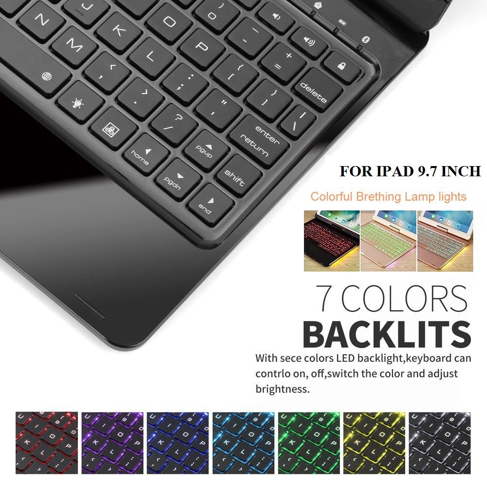 Bàn phím Bluetooth xoay 360 độ cho iPad Air 2, iPad Pro 9.7, New iPad 2017, ipad air - 7 màu đèn cho bàn phím- màu đen | BigBuy360 - bigbuy360.vn