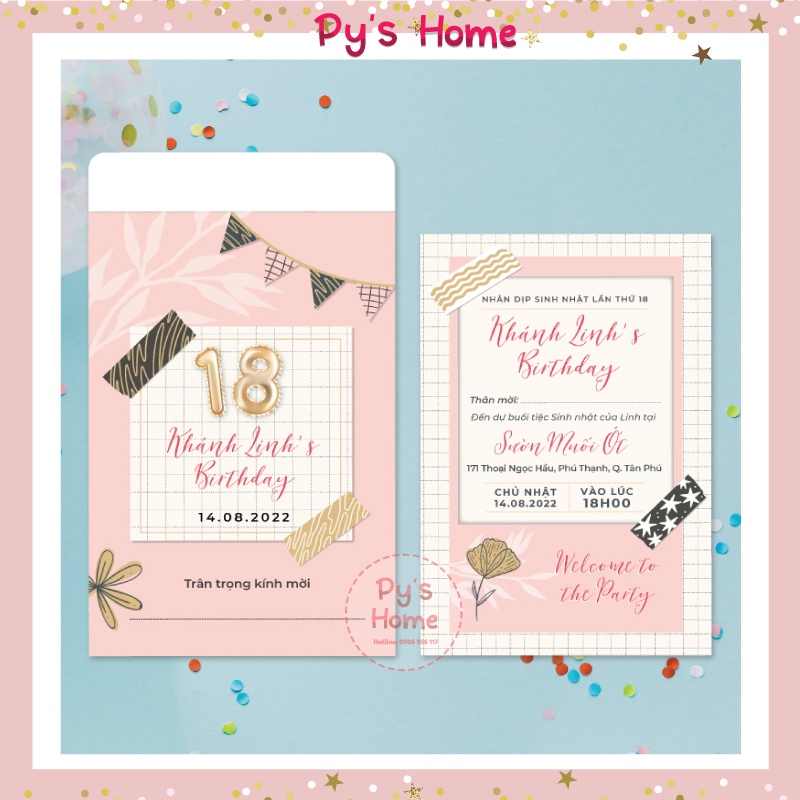 Thiệp Mời Sinh nhật Thiết kế cho Bạn Gái 18 tuổi - Màu hồng Pastel
