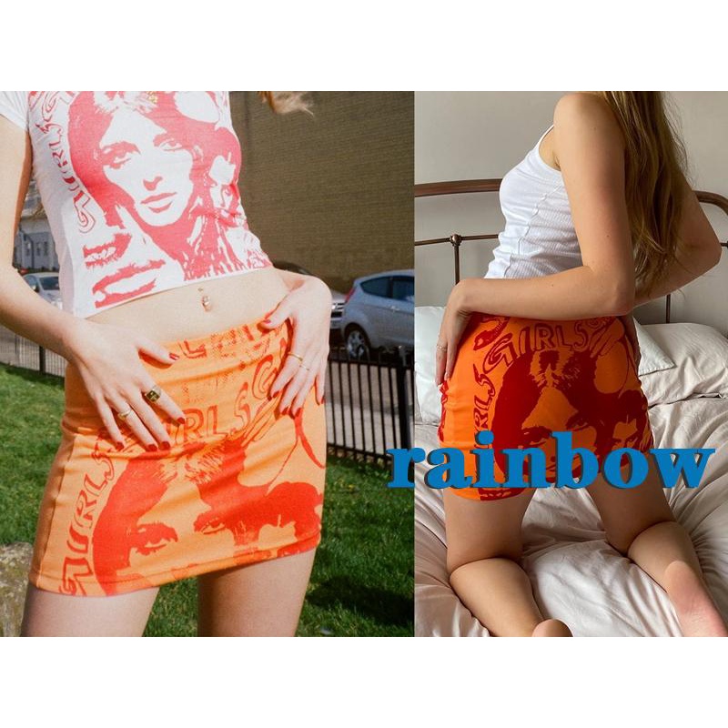 Chân váy ngắn lưng thấp in họa tiết cầu vồng màu cam / trắng phong cách thời trang cho nữ