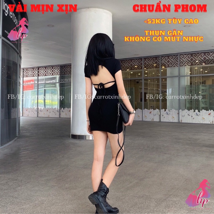 Váy đầm hở lưng nữ dáng ngắn cổ tròn cột nơ  tay ngắn ôm body màu đen sang chảnh hàn quốc dự tiệc VD192