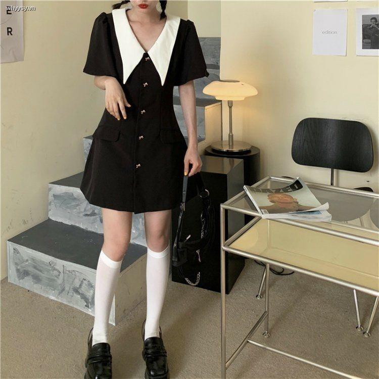 Đầm tay ngắn cổ búp bê màu đen thời trang mùa hè 2021 cho nữ