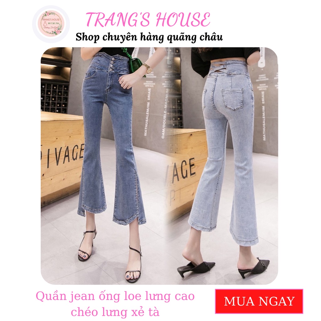 CÓ SẴN L, XL Quần jean ống loe lưng cao chéo lưng xẻ tà có ẢNH THẬT