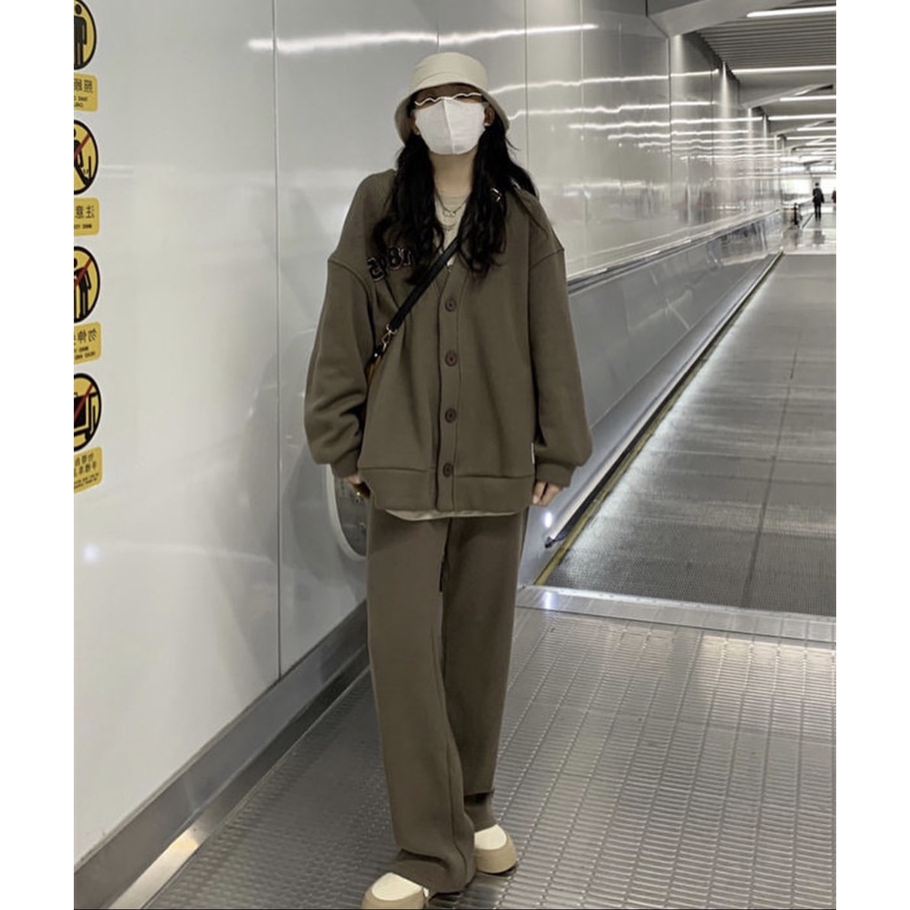Bộ Nỉ Cardigan Rêu PEONYB Nữ [FREESHIP] Set quần suông áo khoác form rộng tay bồng, sweater kiểu dáng vintage Ulzzang
