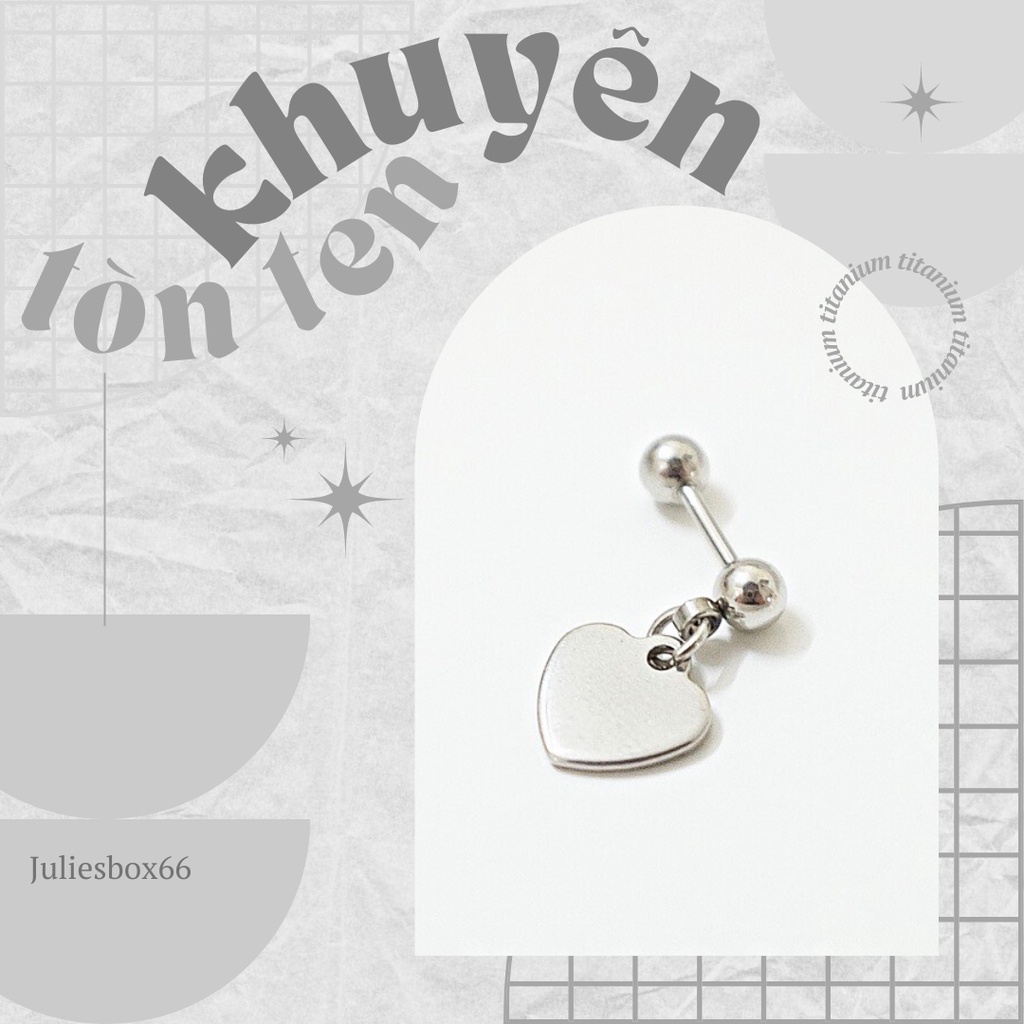[1 Chiếc] Khuyên Tai Titan Unisex Có Charm Trái Tim To Bi Tròn Không Gỉ Sét Không Ngứa Bông Tai Julies Box 66