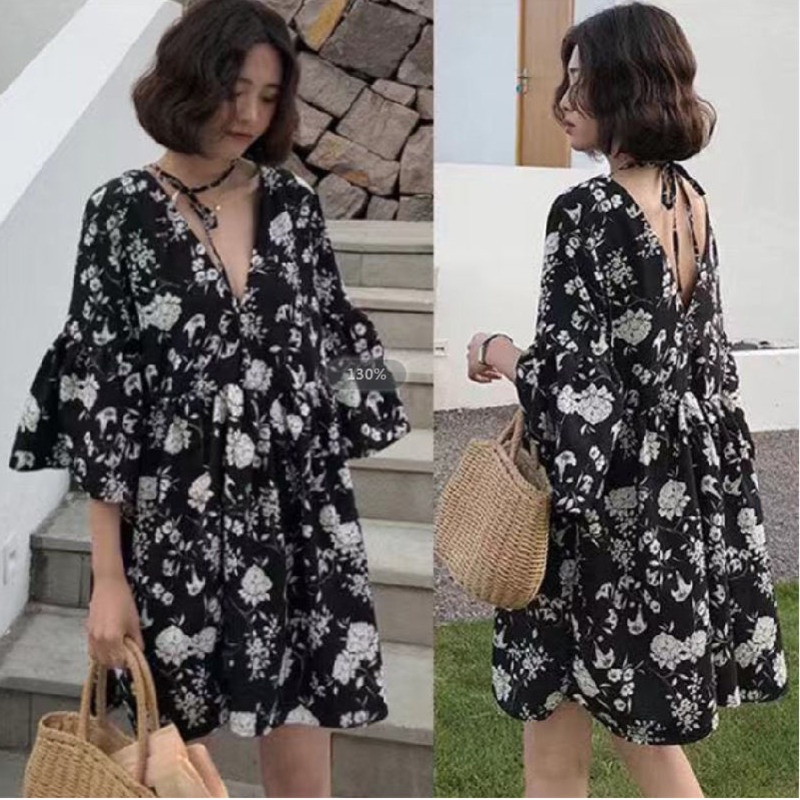 Đầm Hoa Ngắn Tay Cổ Chữ v Thời Trang Retro Hàn Quốc