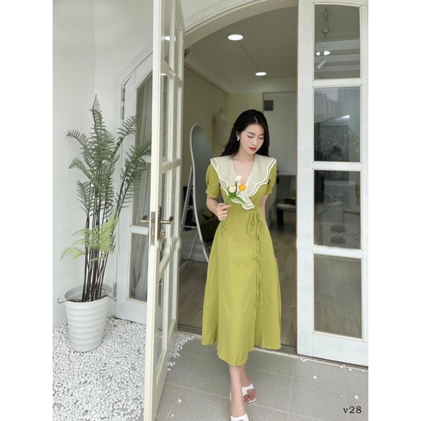 Đầm midi cổ voan bèo đắp chéo ( Có Bigsize )
