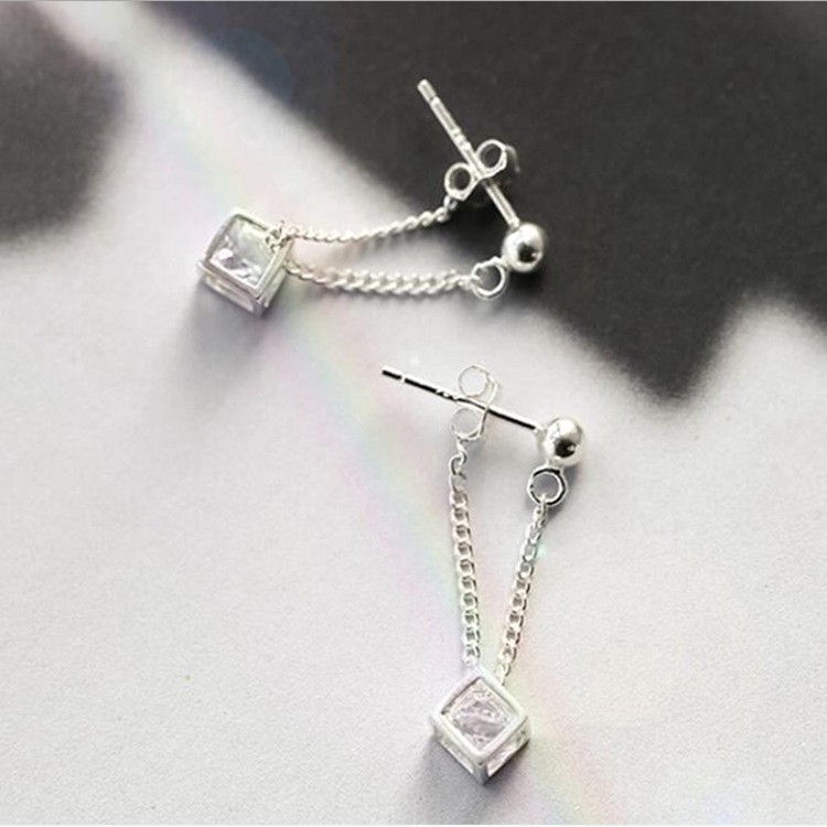 Bông Tai Mạ Bạc 925 Hình Khối Lập Phương Đính Đá Zircon Phong Cách Sang Trọng