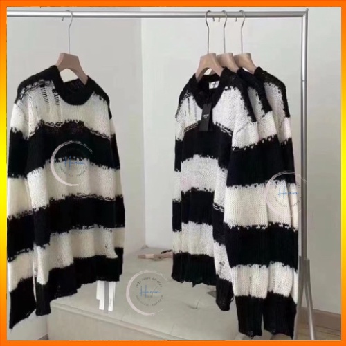 Áo Len Dài Tay Nữ Sọc Đen Trắng Cá Tính Form Oversize Rộng Trùm Mông Hanva