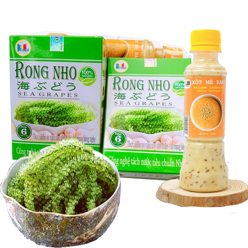 Rong nho Tách nước - SEA GRAPES ( Hộp có 6 gói nhỏ 20G  - Nho biển - Tặng 1 CHAI Xốt Mè KEWPIE 180ML