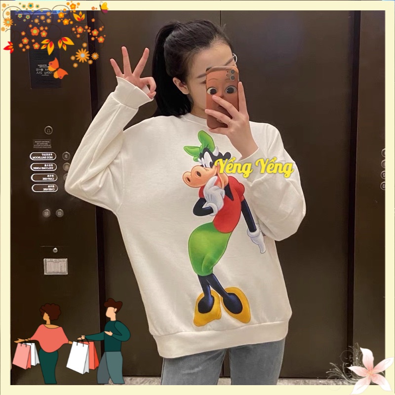 ANU465 - ÁO NỈ NỮ TRẮNG IN CHÓ GUFFY NƠ XANH