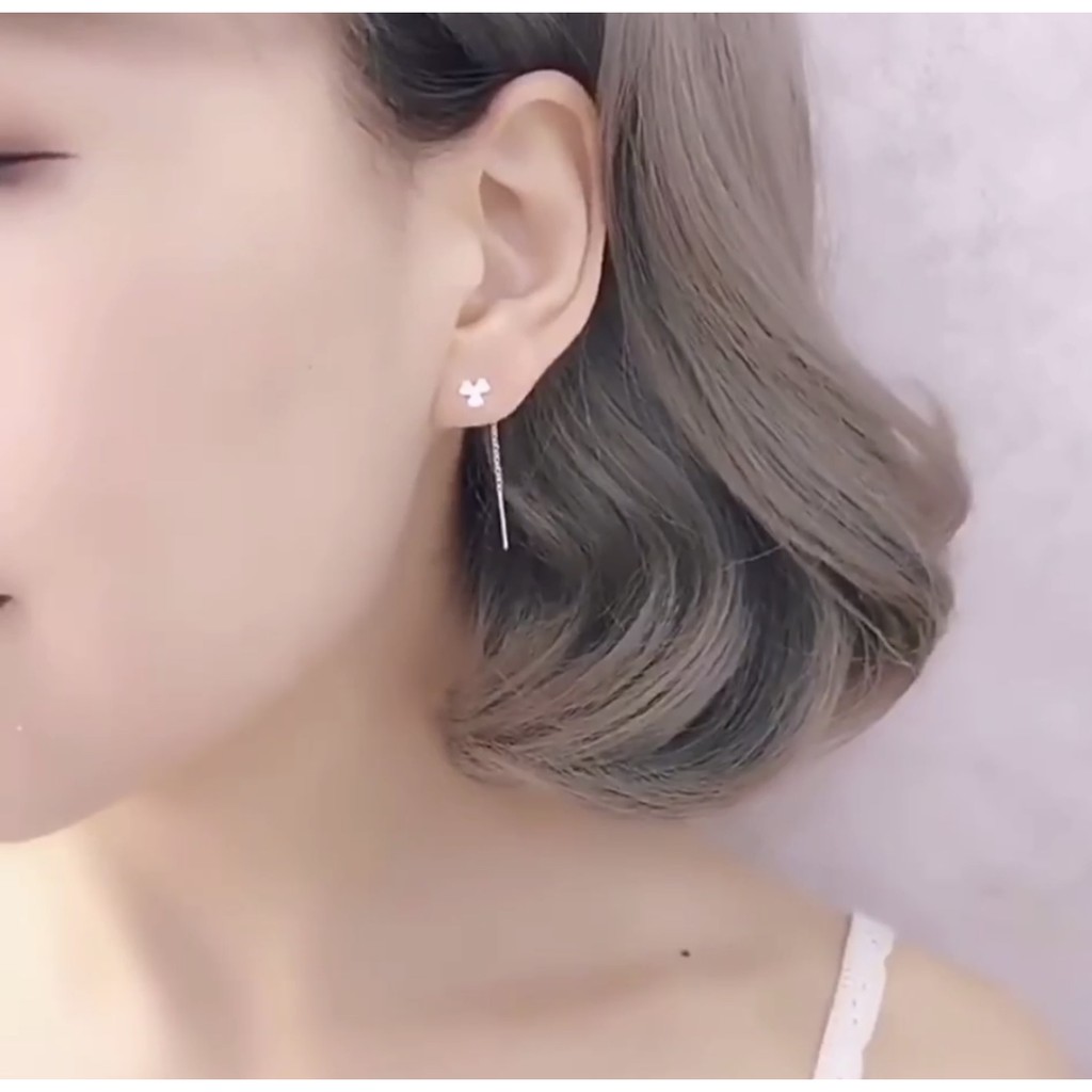 Bông tai cỏ 3 lá may mắn dáng dài bạc ta