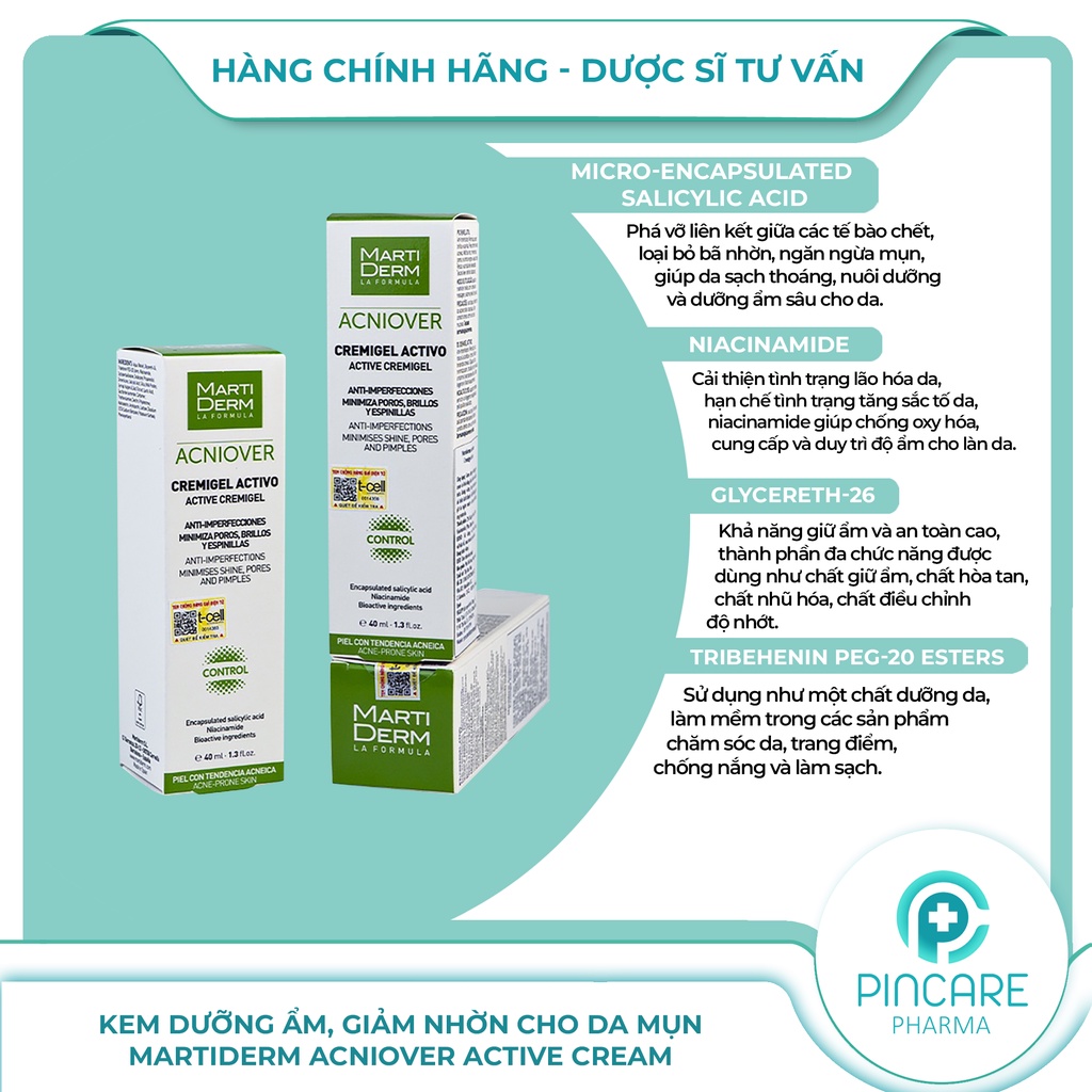 Kem dưỡng cho da dầu mụn MartiDerm Acniover Active Cream 40ml se khít lỗ chân lông - Hàng chính hãng - Nhà thuốc PinCare