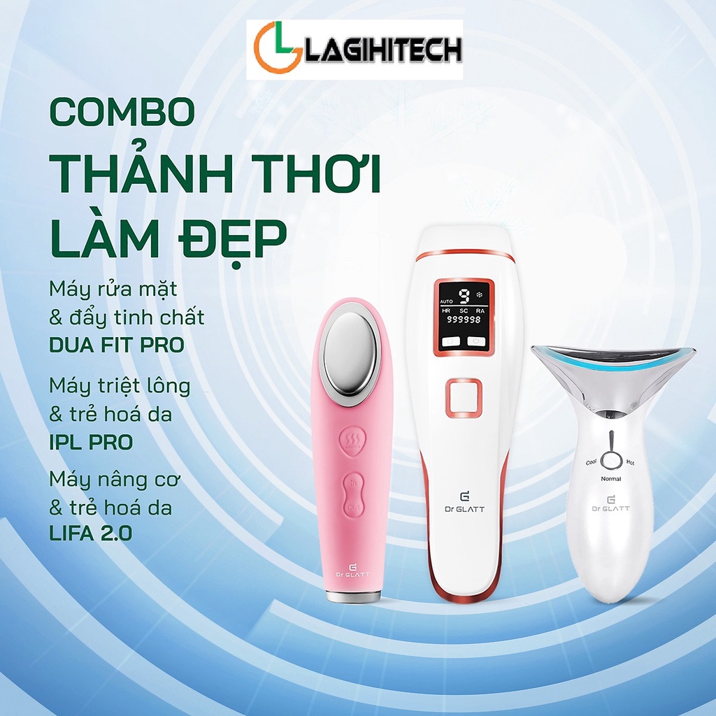 Set máy dưỡng da đa năng, máy triệt lông mini &amp; trị mụn, máy rửa mặt &amp; tẩy trang, máy massage mặt &amp; nâng cơ DR GLATT