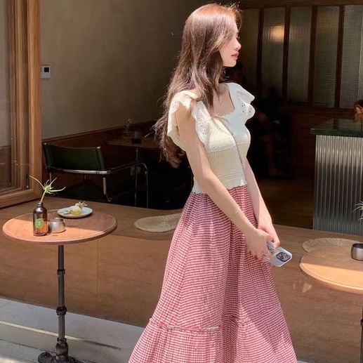 【Hana and Alice】Áo Thun Dệt Kim Ngắn Tay Lưng Cao Khoét Lỗ Phong Cách Quyến Rũ