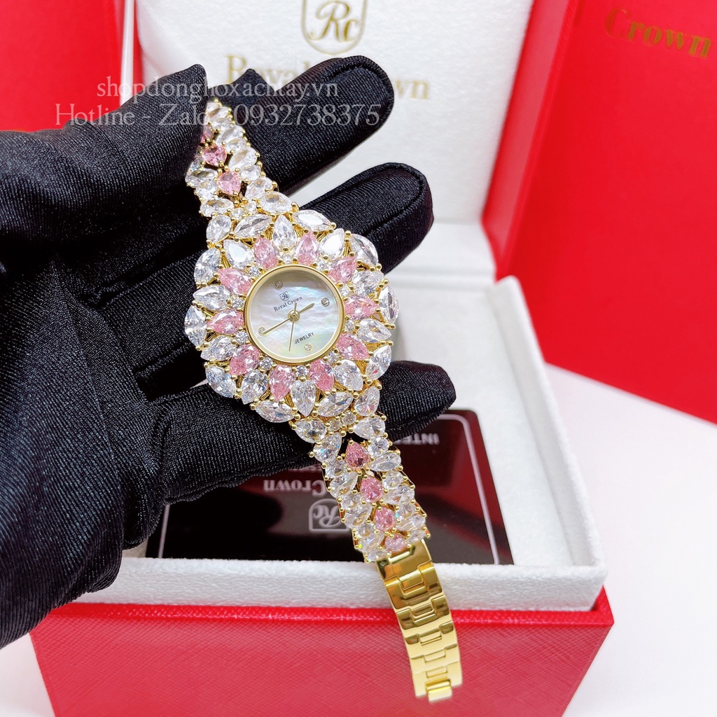 Đồng Hồ Nữ Royal Crown 2035 Đá Trắng Hồng Gold 34mm