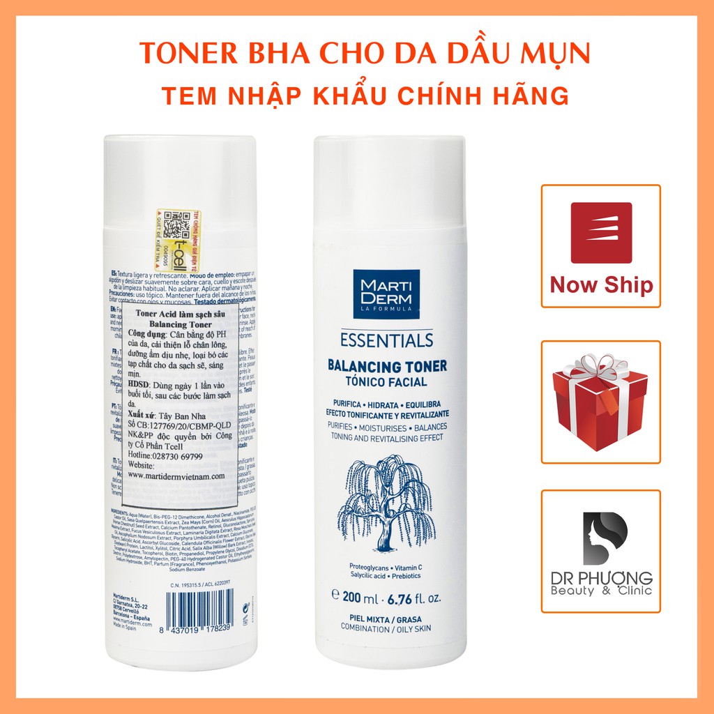 [CHÍNH HÃNG] Nước Cân Bằng Làm Sạch Chứa BHA &amp; Prebiotics MartiDerm Essentials Balancing Toner 200ml